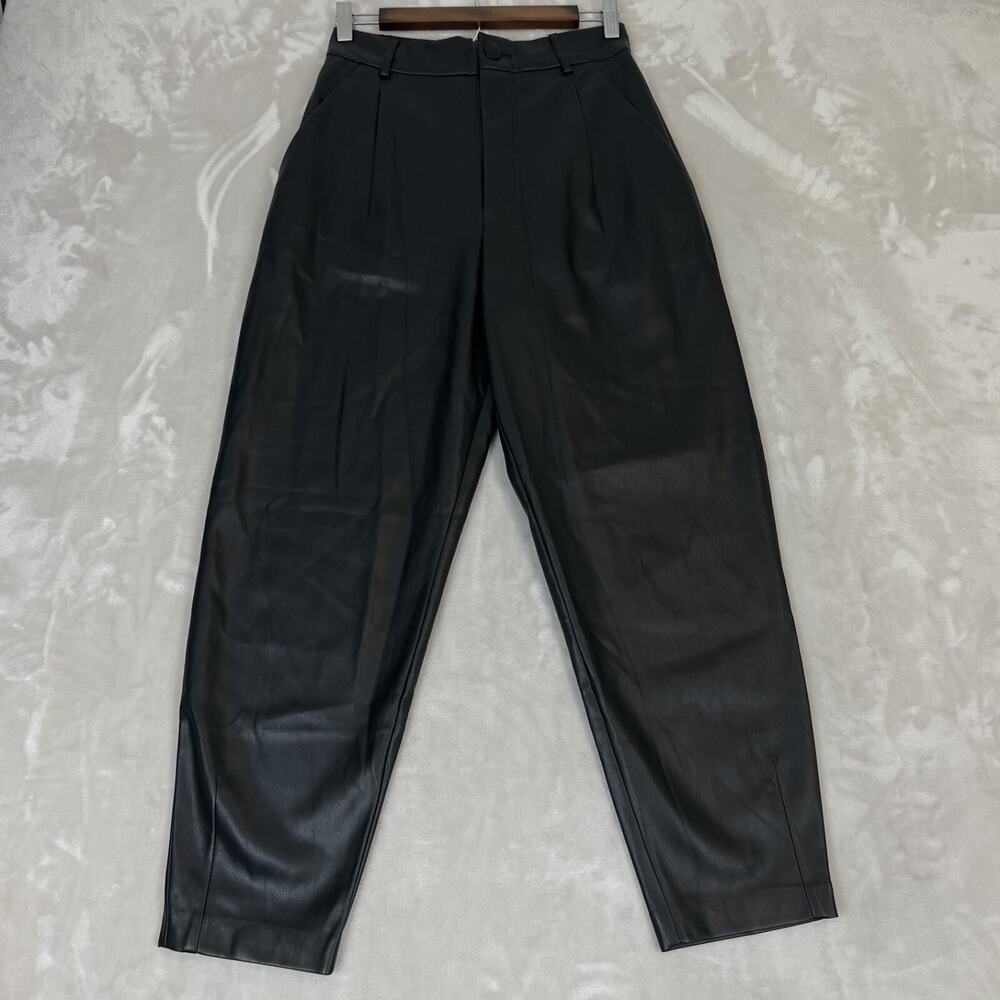 Zara Pants Womens Small Black Faux Leather Pleated High Rise Tapered Event 25"